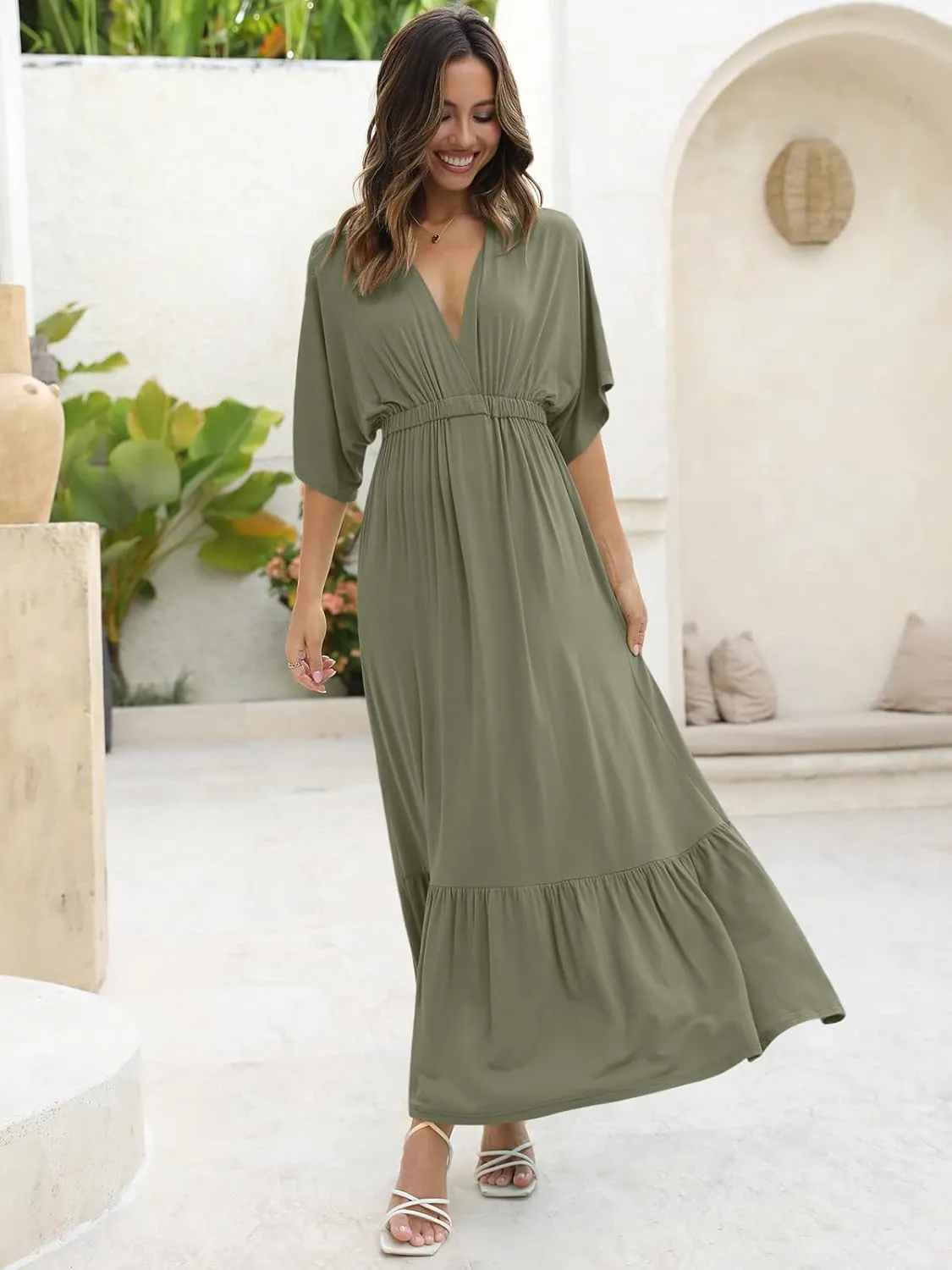 DEEP SELF Women’s Summer V Neck Batwing Short Sleeve Maxi Dress Casual Loose High Waist Flowy Long Beach Dress