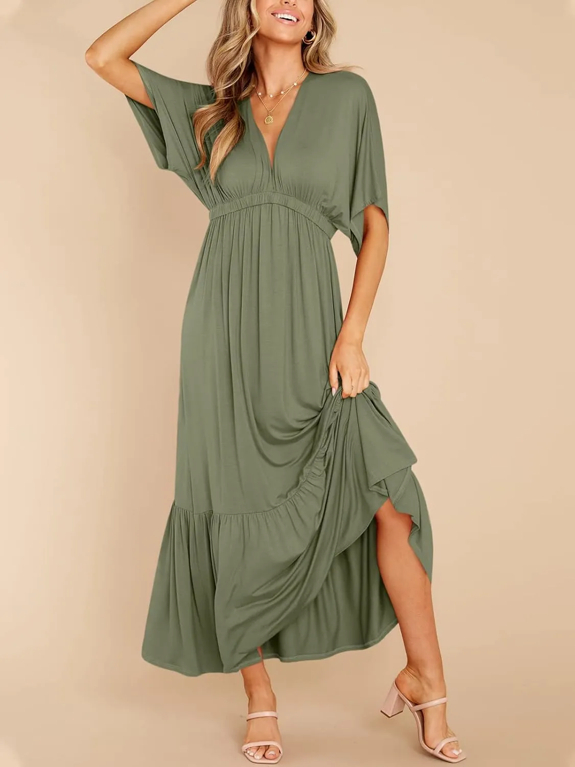 DEEP SELF Women’s Summer V Neck Batwing Short Sleeve Maxi Dress Casual Loose High Waist Flowy Long Beach Dress