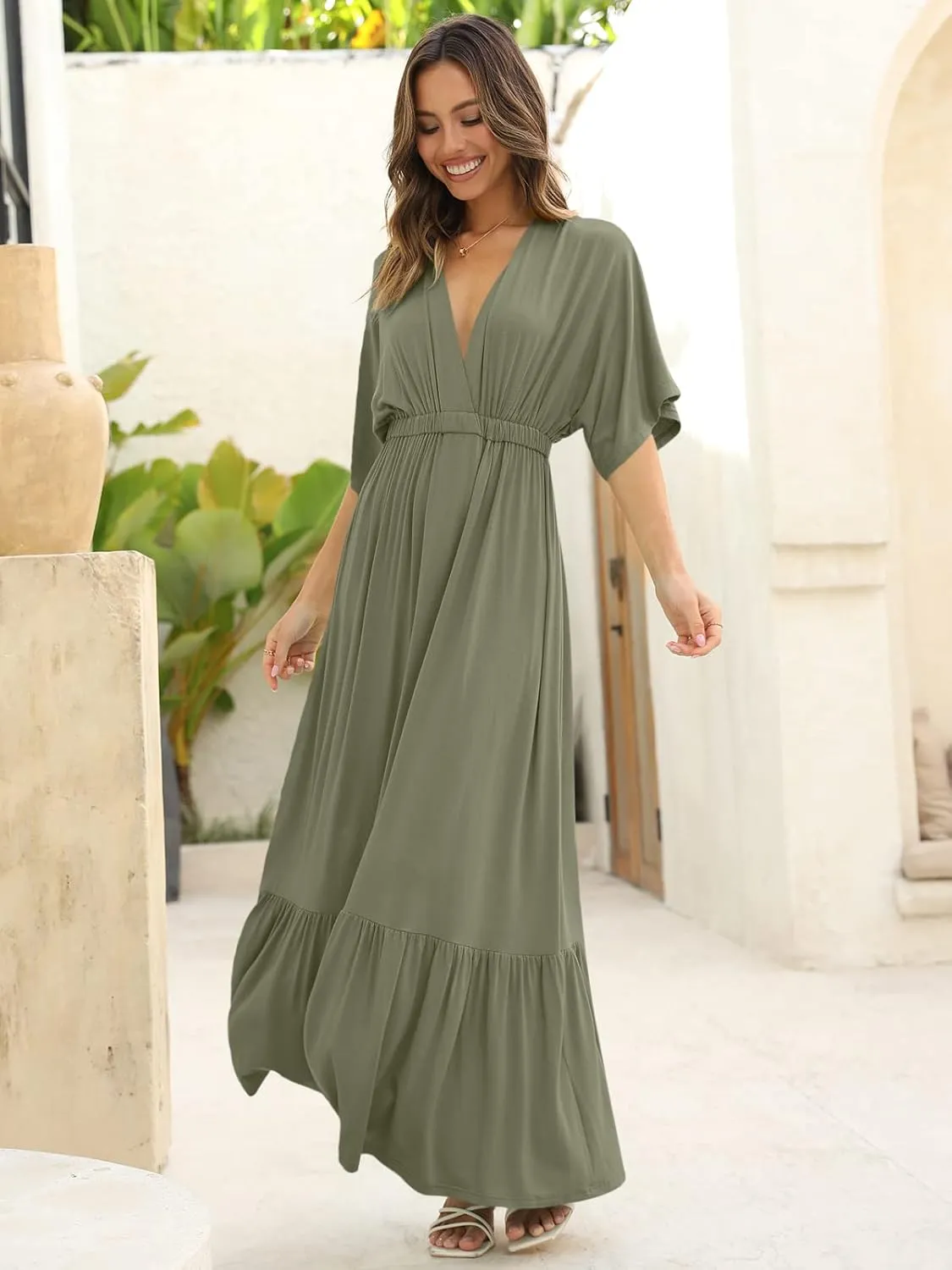 DEEP SELF Women’s Summer V Neck Batwing Short Sleeve Maxi Dress Casual Loose High Waist Flowy Long Beach Dress