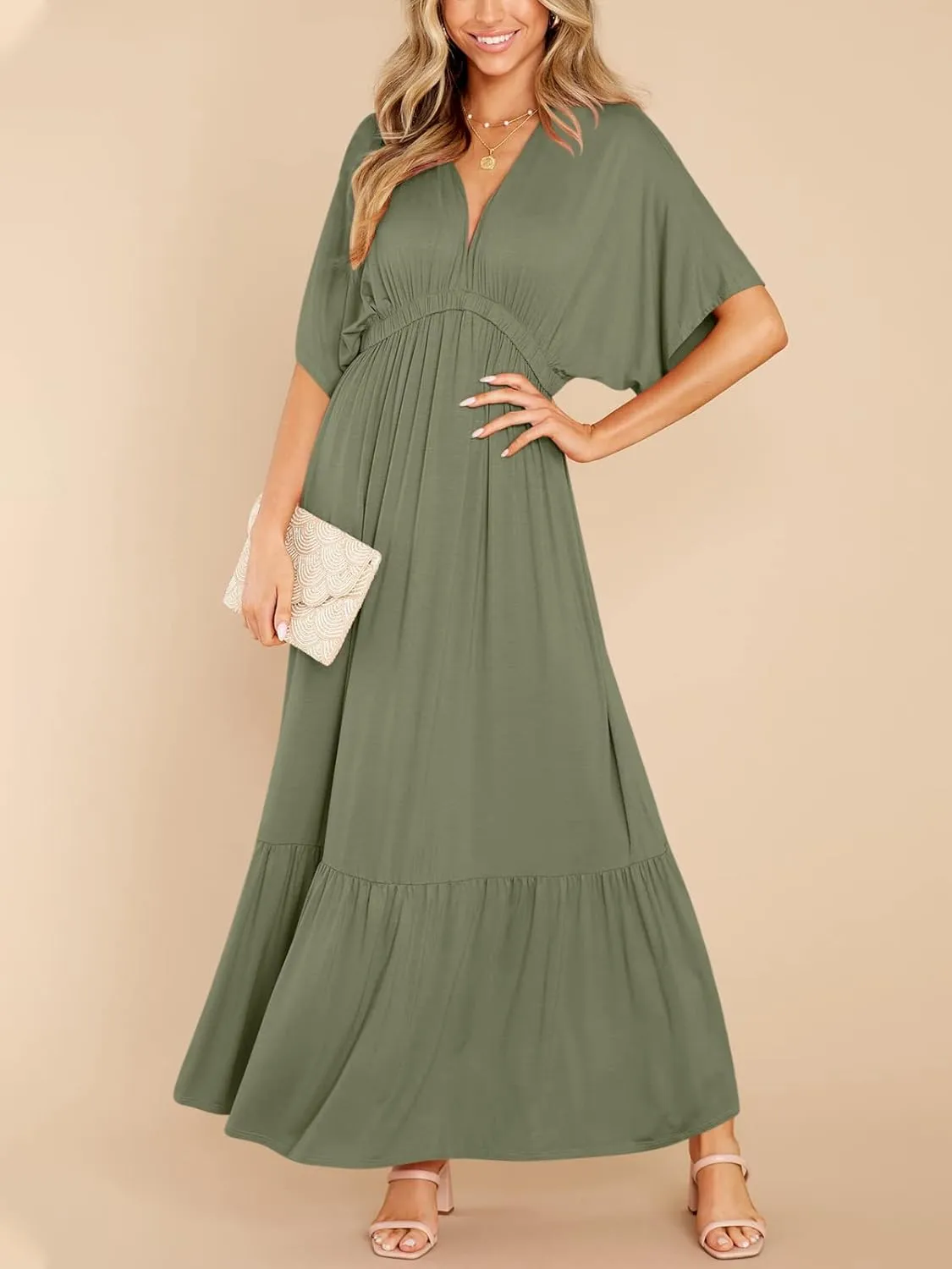 DEEP SELF Women’s Summer V Neck Batwing Short Sleeve Maxi Dress Casual Loose High Waist Flowy Long Beach Dress
