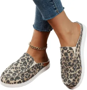 DOIX Women's Garden Clogs Shoes Slip on Canvas Slippers Backless Flat Sandals Lightweight Closed Toe Summer Casual Comfy Walking Loafer Shoes,Leopard Print,US9/EU40