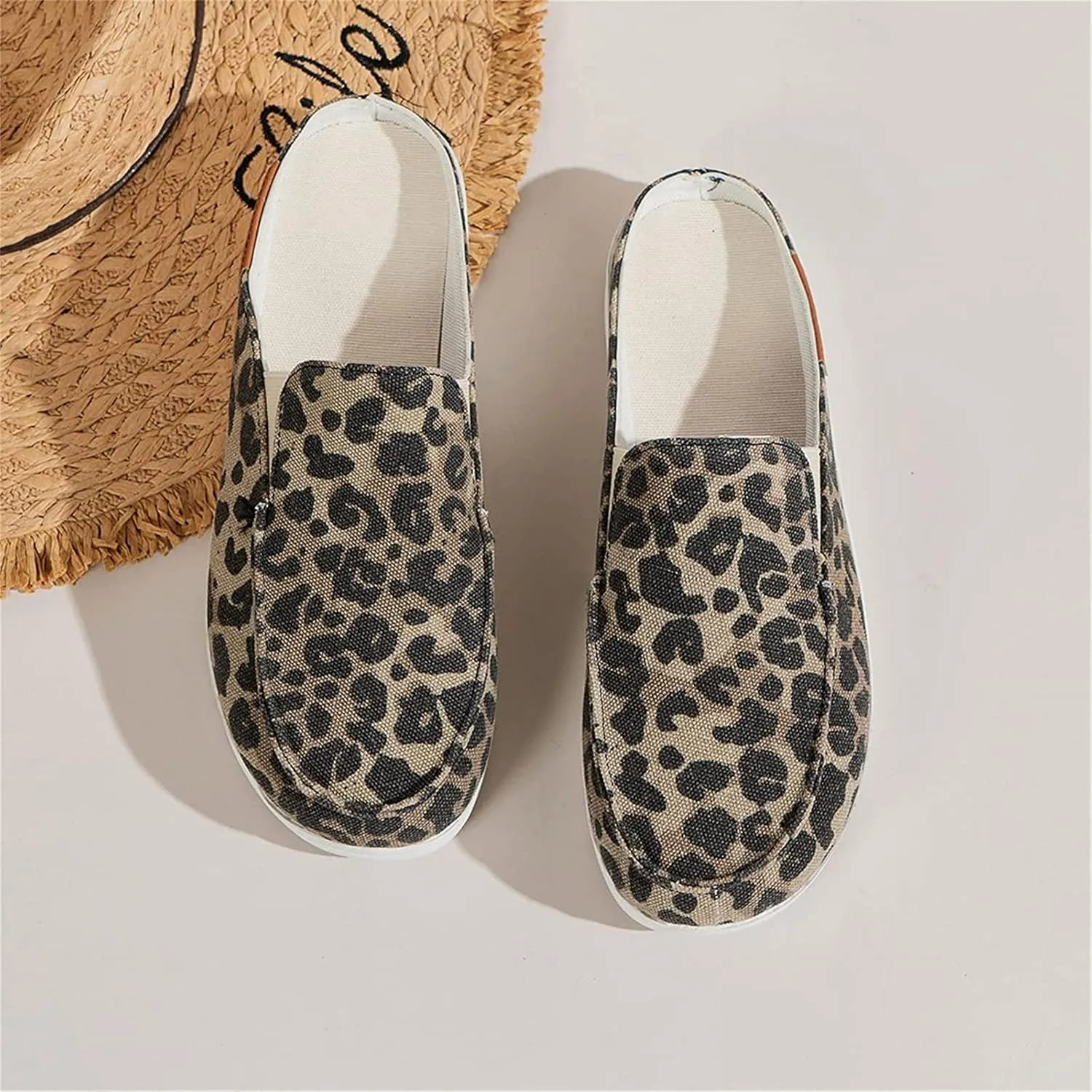 DOIX Women's Garden Clogs Shoes Slip on Canvas Slippers Backless Flat Sandals Lightweight Closed Toe Summer Casual Comfy Walking Loafer Shoes,Leopard Print,US9/EU40