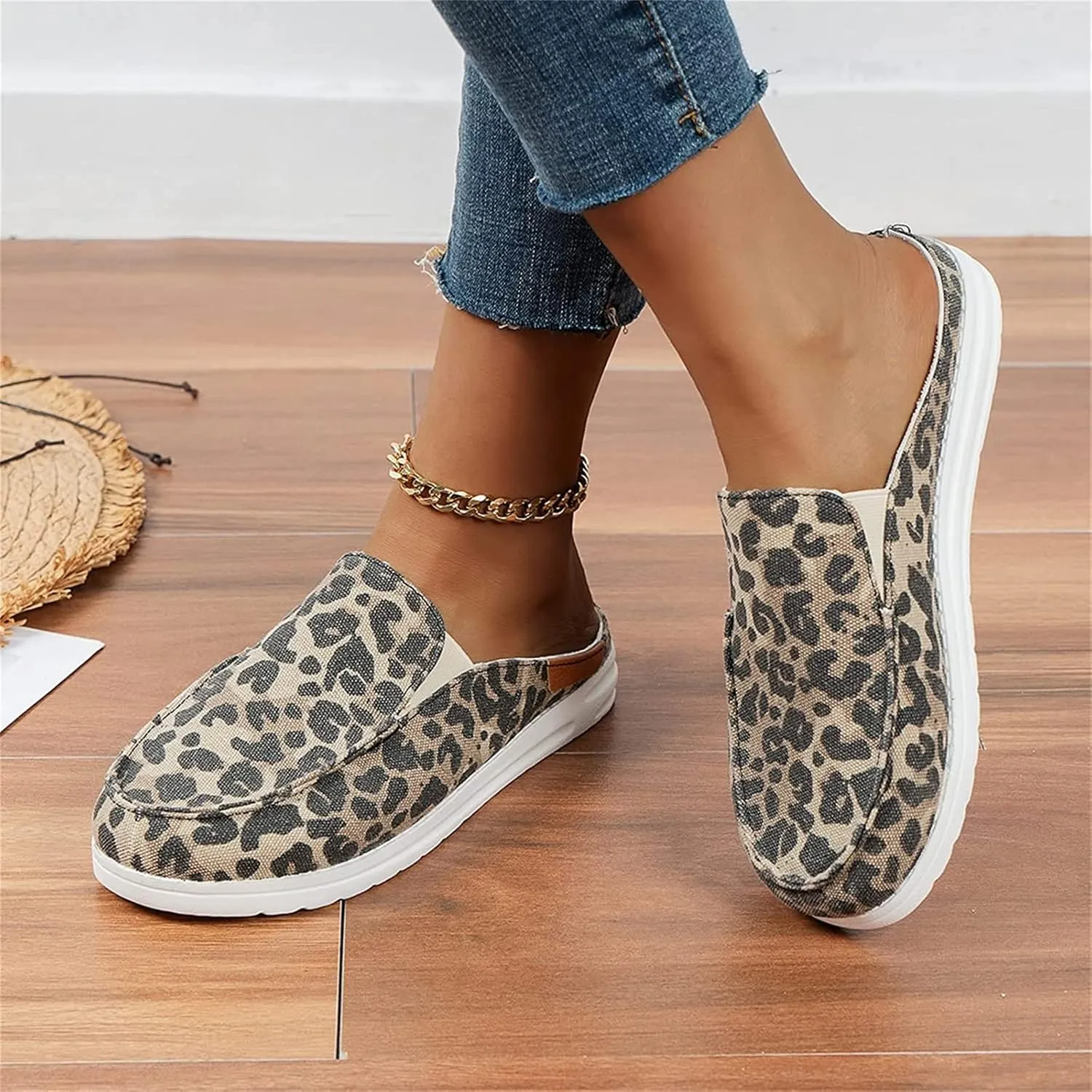 DOIX Women's Garden Clogs Shoes Slip on Canvas Slippers Backless Flat Sandals Lightweight Closed Toe Summer Casual Comfy Walking Loafer Shoes,Leopard Print,US9/EU40