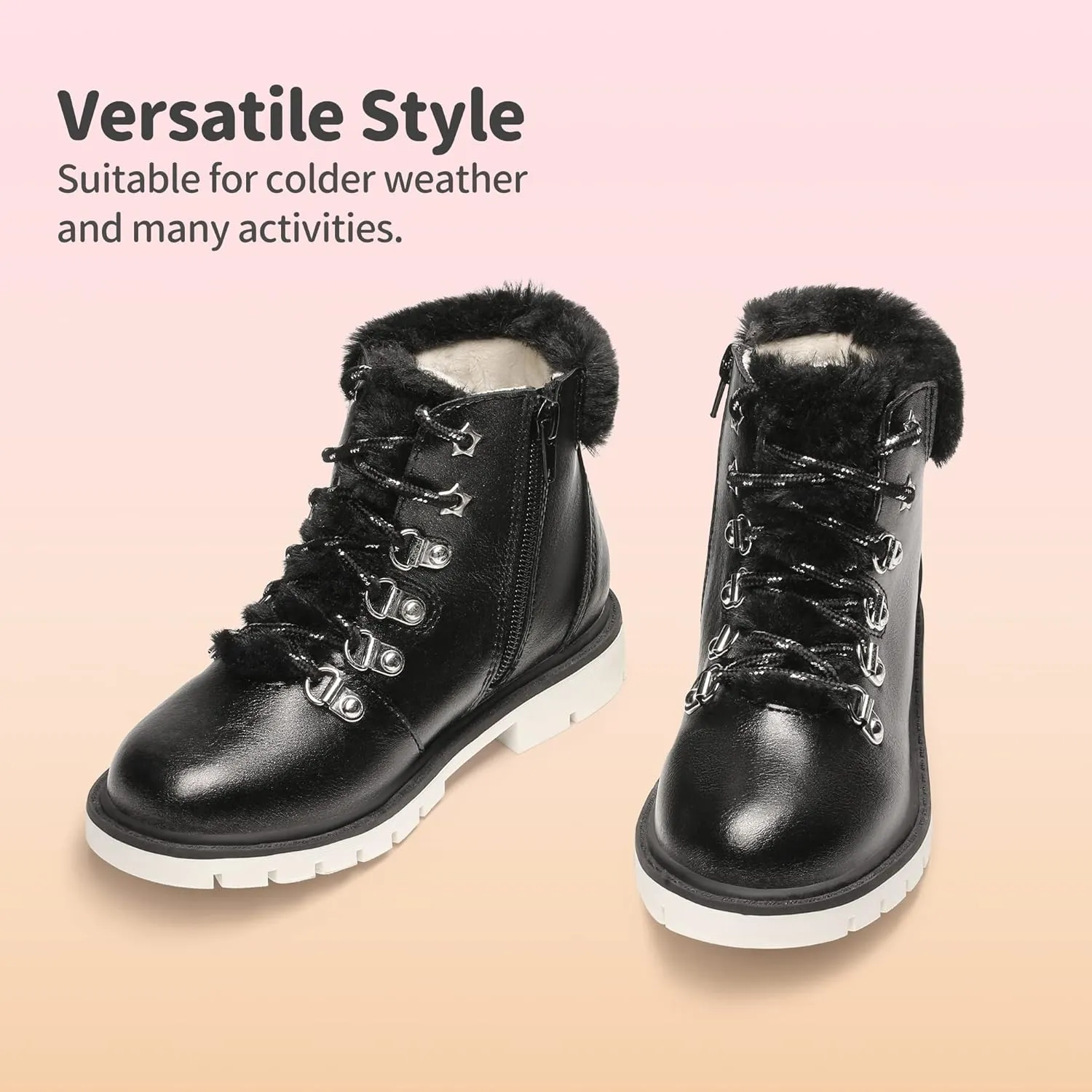 DREAM PAIRS Girls Kids Side Zipper Lace up Faux Fur Ankle Boots
