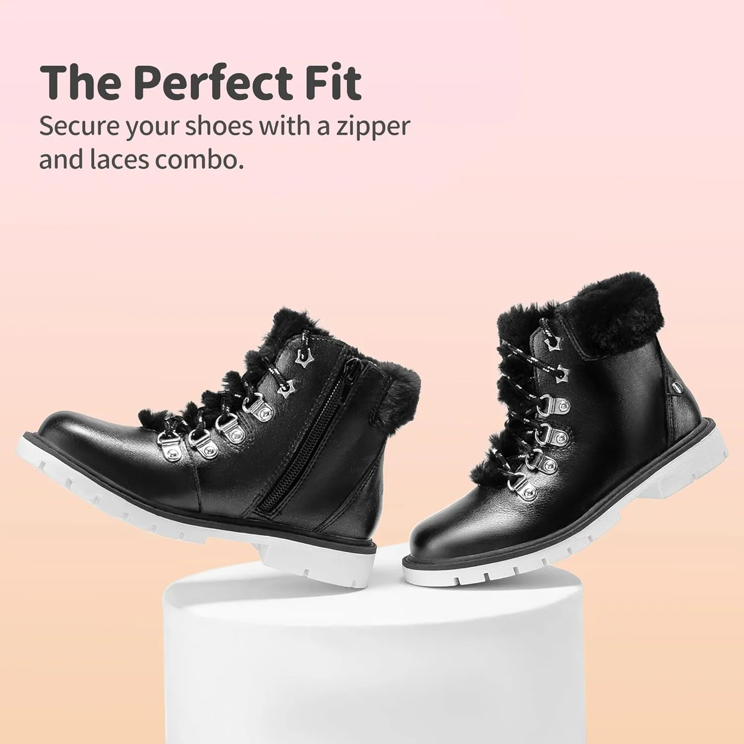 DREAM PAIRS Girls Kids Side Zipper Lace up Faux Fur Ankle Boots