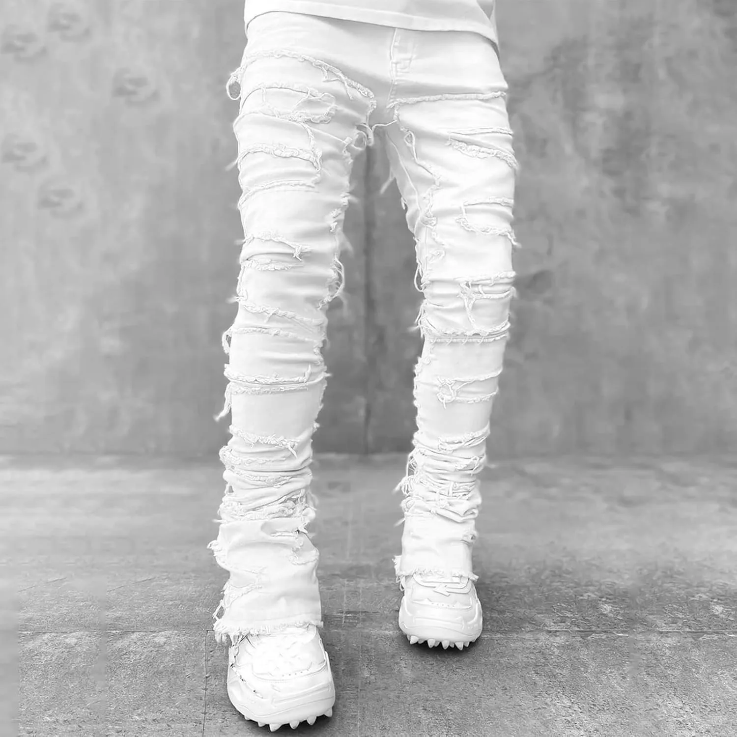 DSORVICD Mens Stacked Jeans Slim Fit Ripped Distressed Jeans Destroyed Straight Denim Pants Y2k Streetwear