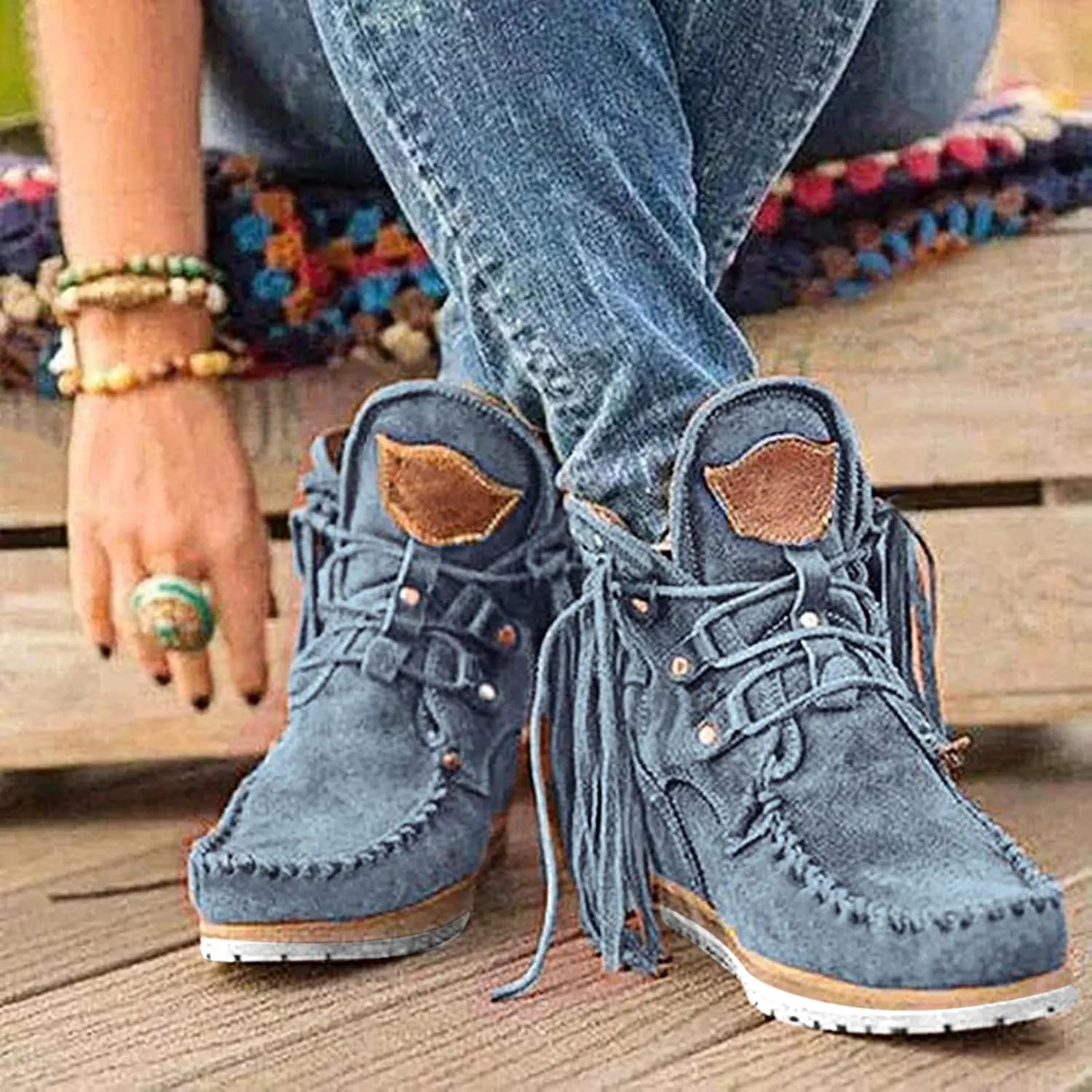 Eduavar Cowboy Boots for Women Cowboy Style, Cowgirl Boots Women Retro Tassel Boots Shoes Cowgirl Square Toe Lace Up Boots