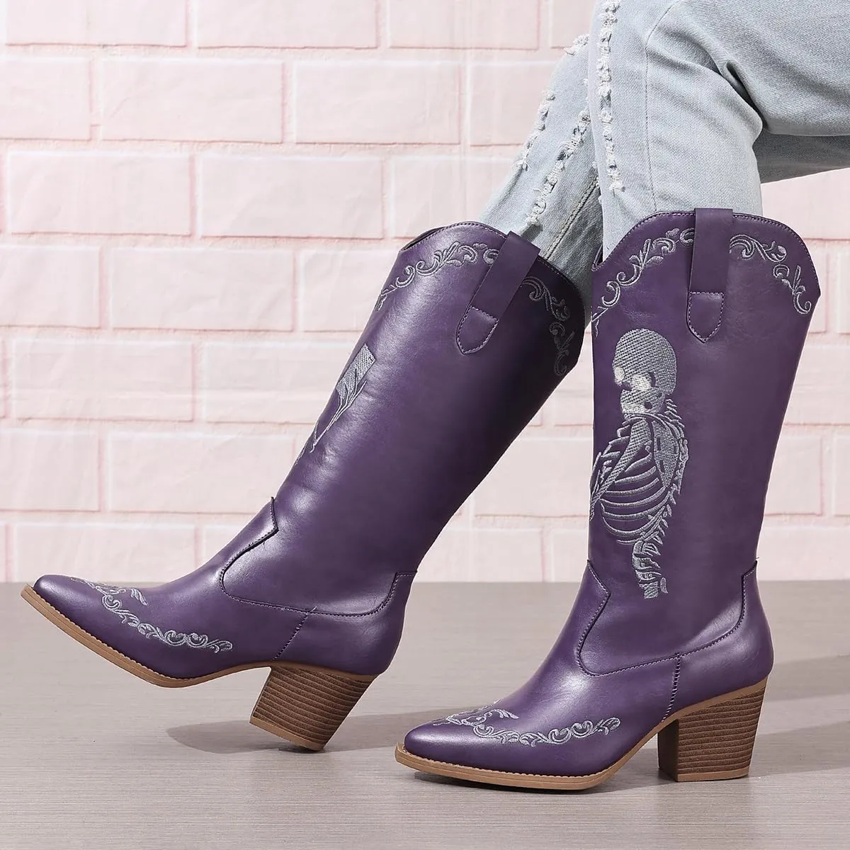 Embroidered Cowboy Boots for Women Casual Cowgirl Boots Ankle Mid Heel Pull on Pointy Toe Vintage Boots