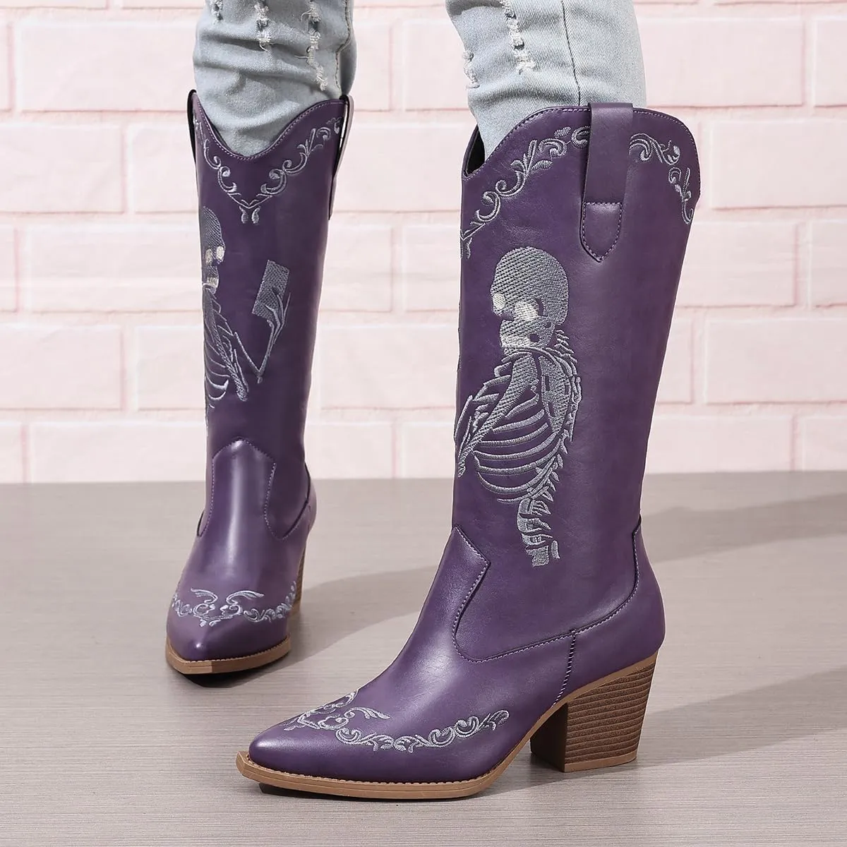 Embroidered Cowboy Boots for Women Casual Cowgirl Boots Ankle Mid Heel Pull on Pointy Toe Vintage Boots