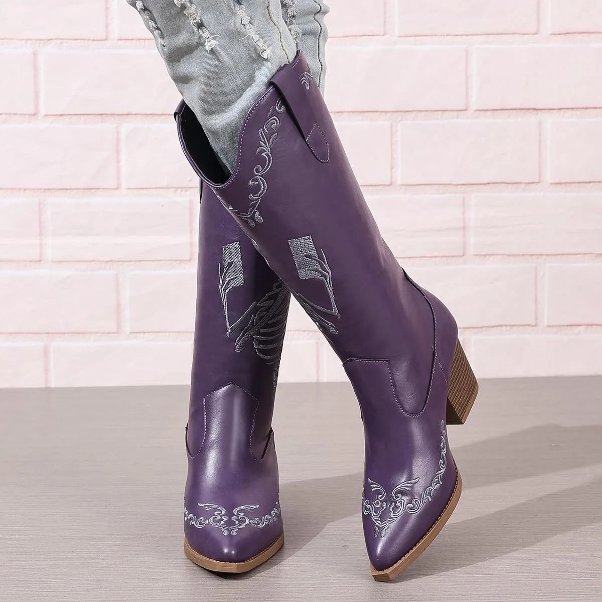 Embroidered Cowboy Boots for Women Casual Cowgirl Boots Ankle Mid Heel Pull on Pointy Toe Vintage Boots