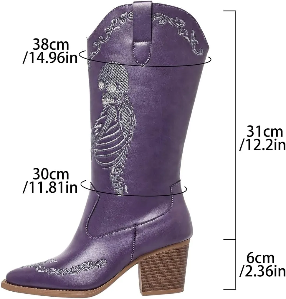 Embroidered Cowboy Boots for Women Casual Cowgirl Boots Ankle Mid Heel Pull on Pointy Toe Vintage Boots