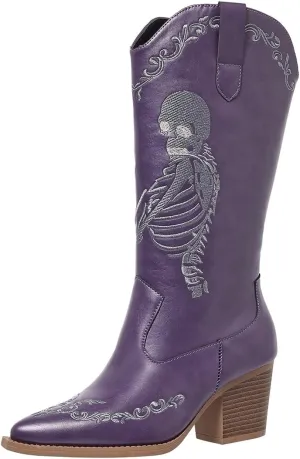 Embroidered Cowboy Boots for Women Casual Cowgirl Boots Ankle Mid Heel Pull on Pointy Toe Vintage Boots