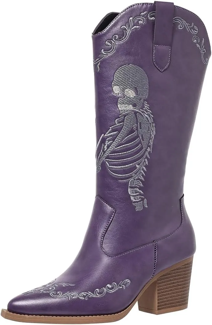 Embroidered Cowboy Boots for Women Casual Cowgirl Boots Ankle Mid Heel Pull on Pointy Toe Vintage Boots