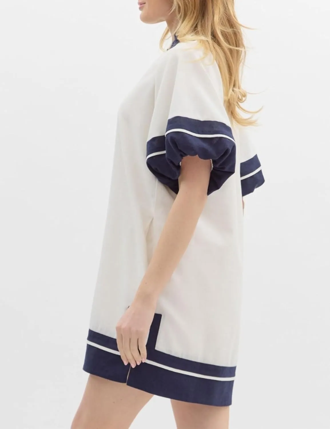 Esmeling Women’s Color Block Pullover Dress V Neck Puff Sleeve Shirt Dress Casual Mini Dress with Pockets