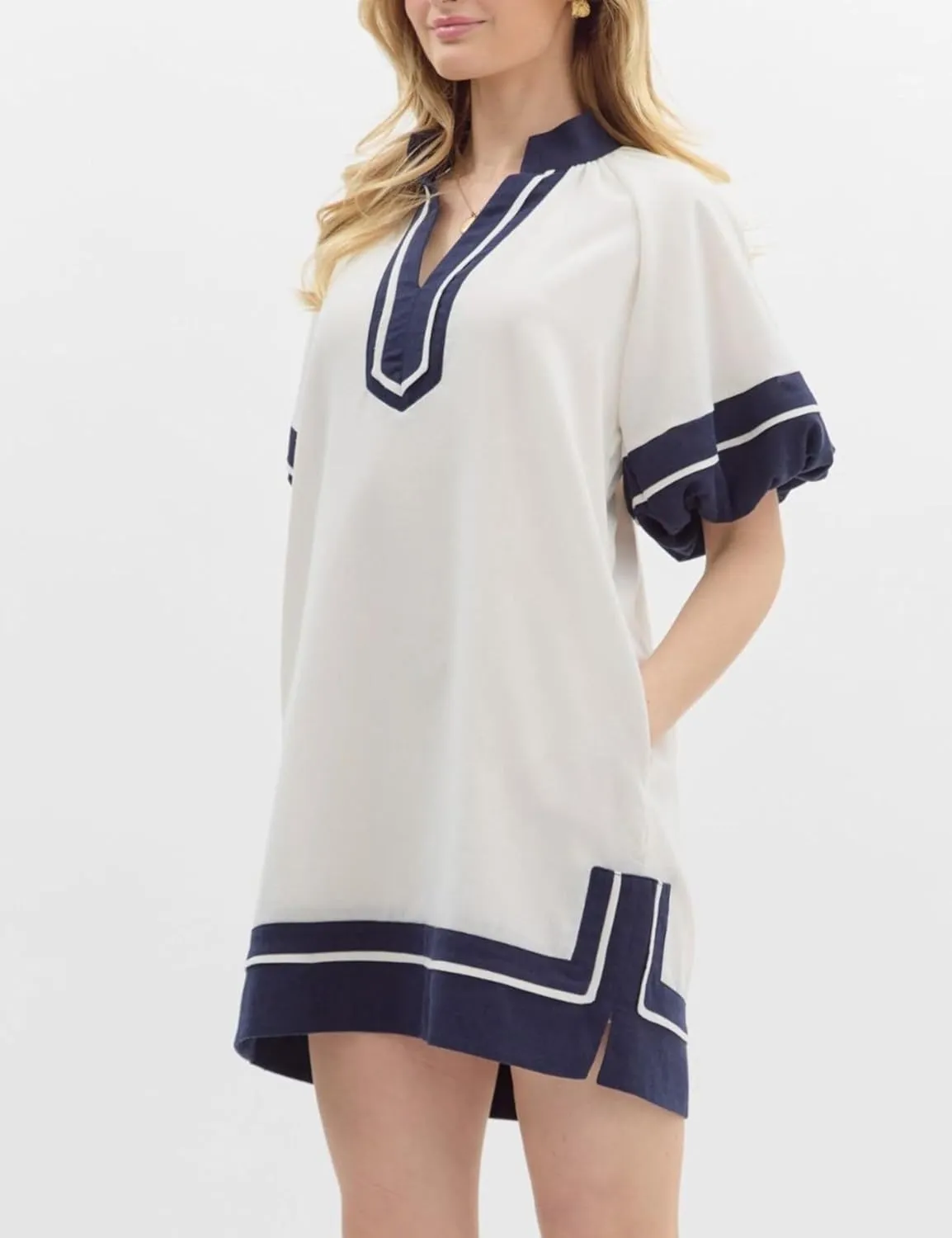 Esmeling Women’s Color Block Pullover Dress V Neck Puff Sleeve Shirt Dress Casual Mini Dress with Pockets