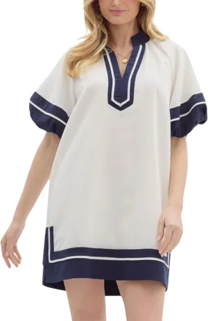 Esmeling Women’s Color Block Pullover Dress V Neck Puff Sleeve Shirt Dress Casual Mini Dress with Pockets