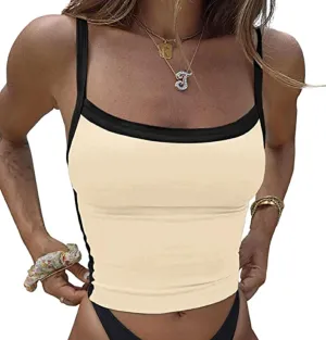 Faretumiya Women Strappy Square Neck Tank Top Color Block Sleeveless Cropped Cami Y2k Egirl Crop Vest Shirt Streetwear