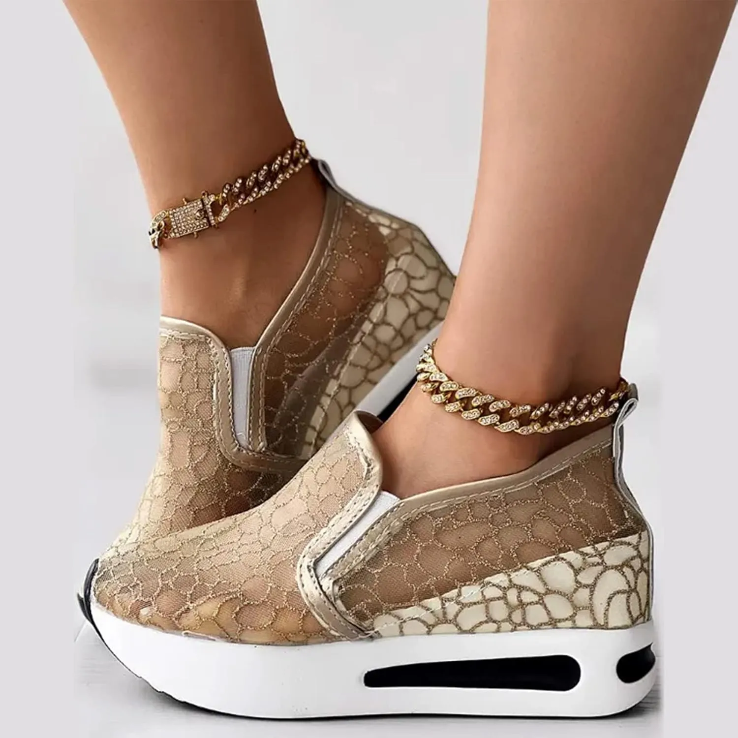 Fashion Platform Sneakers for Women Slip on Loafers Lightweight Walking Tennis Shoes Non Slip Comfortable Lace Embroidery Chunky Sneakers Athletic Breathable Shoes for Casual and Daily Wear