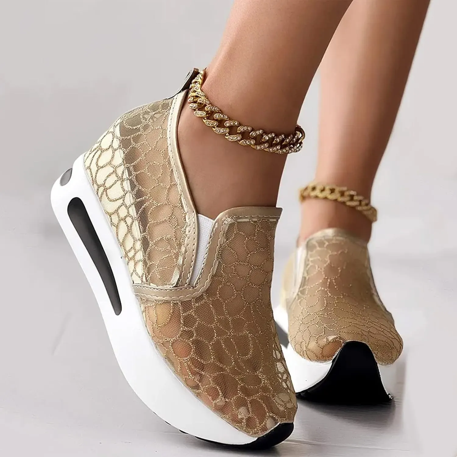 Fashion Platform Sneakers for Women Slip on Loafers Lightweight Walking Tennis Shoes Non Slip Comfortable Lace Embroidery Chunky Sneakers Athletic Breathable Shoes for Casual and Daily Wear