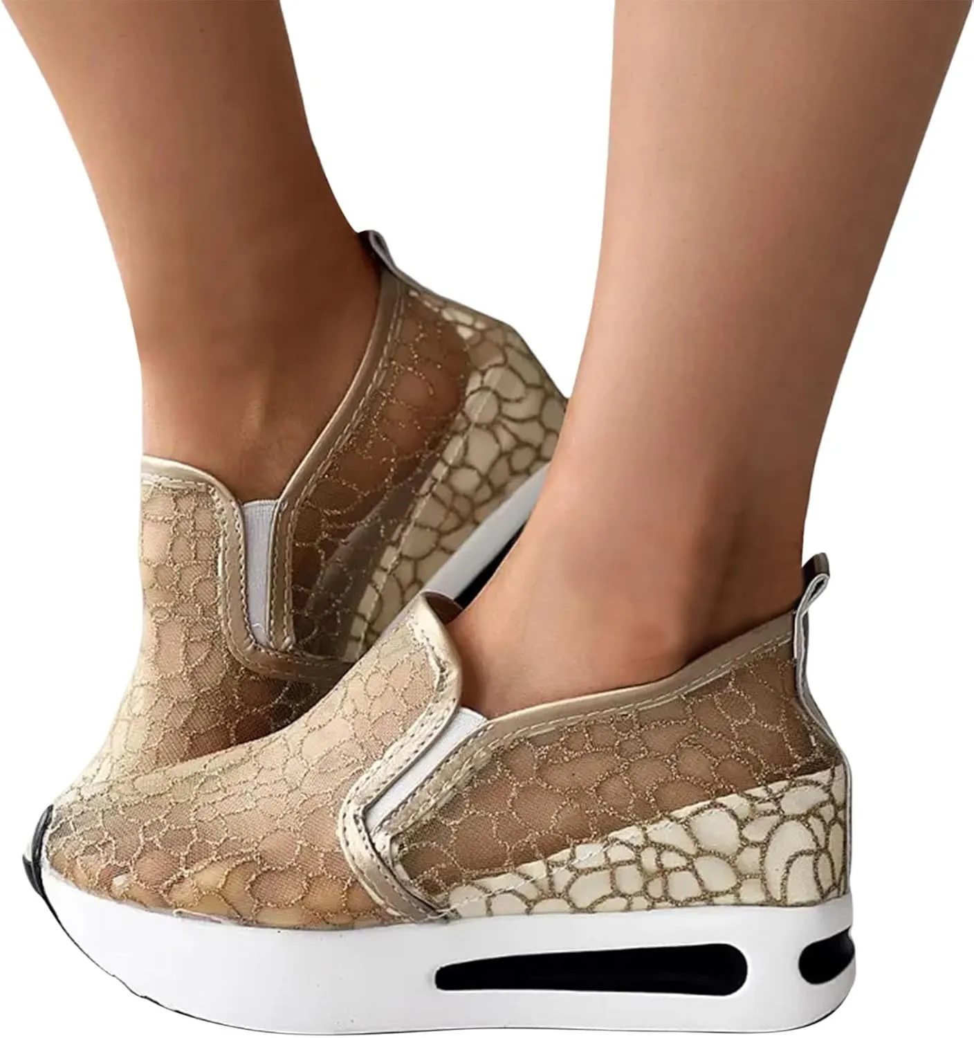 Fashion Platform Sneakers for Women Slip on Loafers Lightweight Walking Tennis Shoes Non Slip Comfortable Lace Embroidery Chunky Sneakers Athletic Breathable Shoes for Casual and Daily Wear