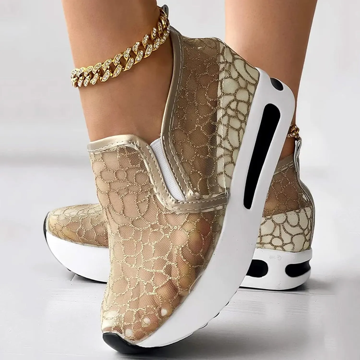 Fashion Platform Sneakers for Women Slip on Loafers Lightweight Walking Tennis Shoes Non Slip Comfortable Lace Embroidery Chunky Sneakers Athletic Breathable Shoes for Casual and Daily Wear