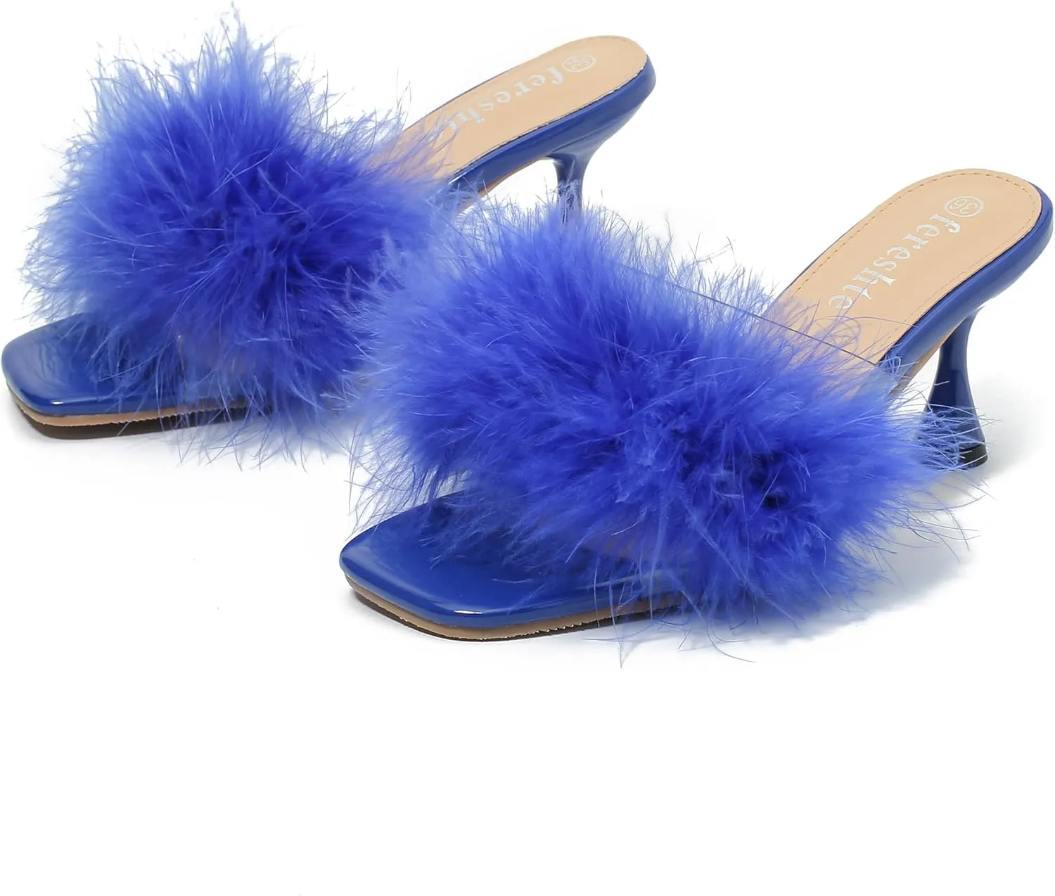 fereshte Women's Feather Heels Sandals Fluffy Fur Clear Strap Slip On Square Toe Kitten Mules