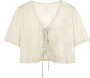 FindThy Women’s Bow Tie Bolero Shrugs Trendy V-Neck Short Sleeve Lightweight Hollow Out Crochet Knit Cardigan