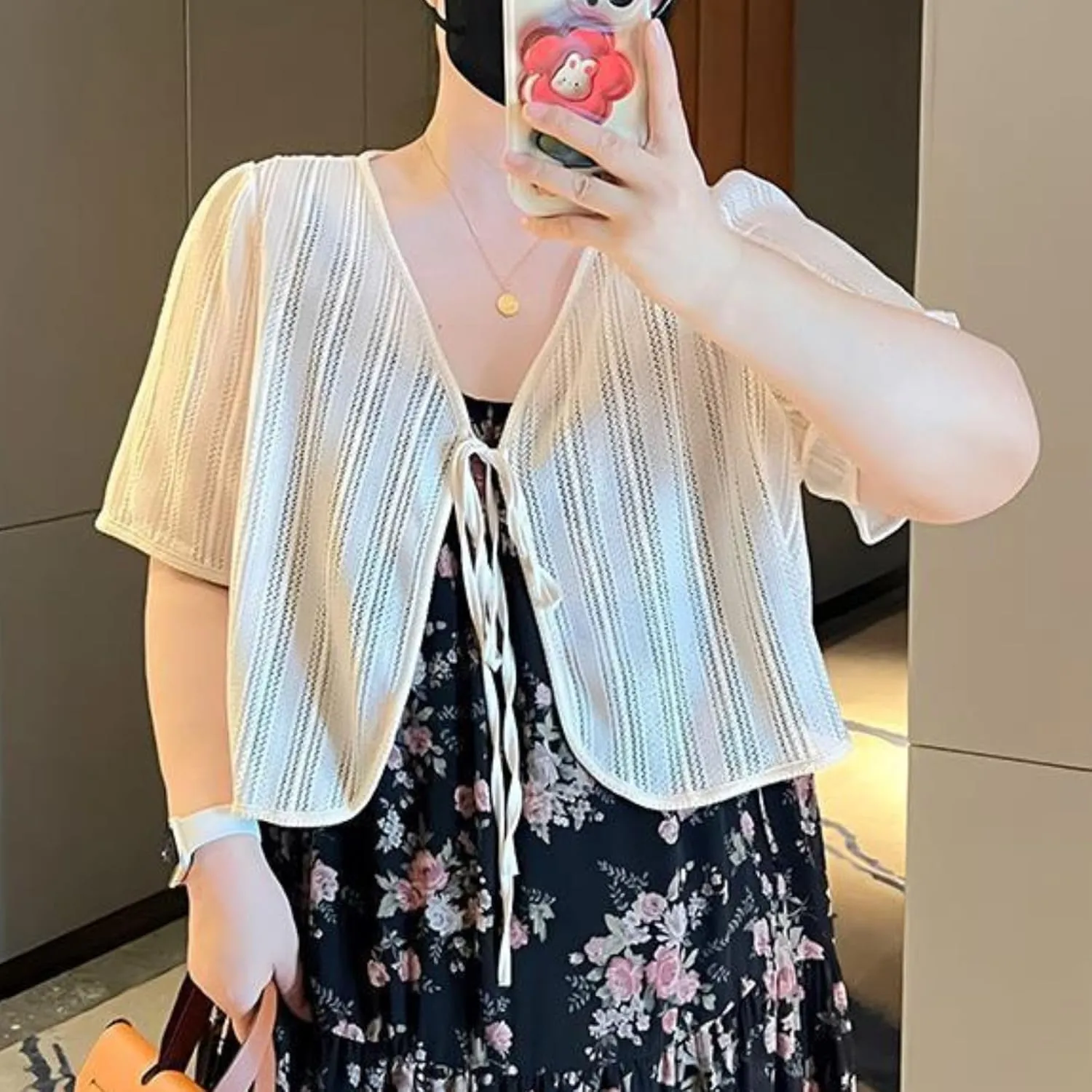 FindThy Women’s Bow Tie Bolero Shrugs Trendy V-Neck Short Sleeve Lightweight Hollow Out Crochet Knit Cardigan