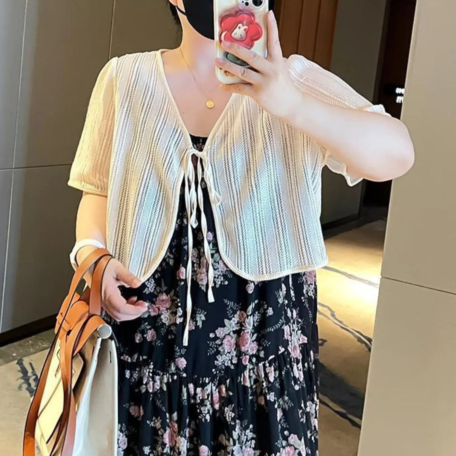 FindThy Women’s Bow Tie Bolero Shrugs Trendy V-Neck Short Sleeve Lightweight Hollow Out Crochet Knit Cardigan