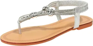 Flip Flops Sandals for Women Dressy Summer Flat Sandals Rhinestone Beaded Sandal Elastic Ankle Strap Beach Shoes