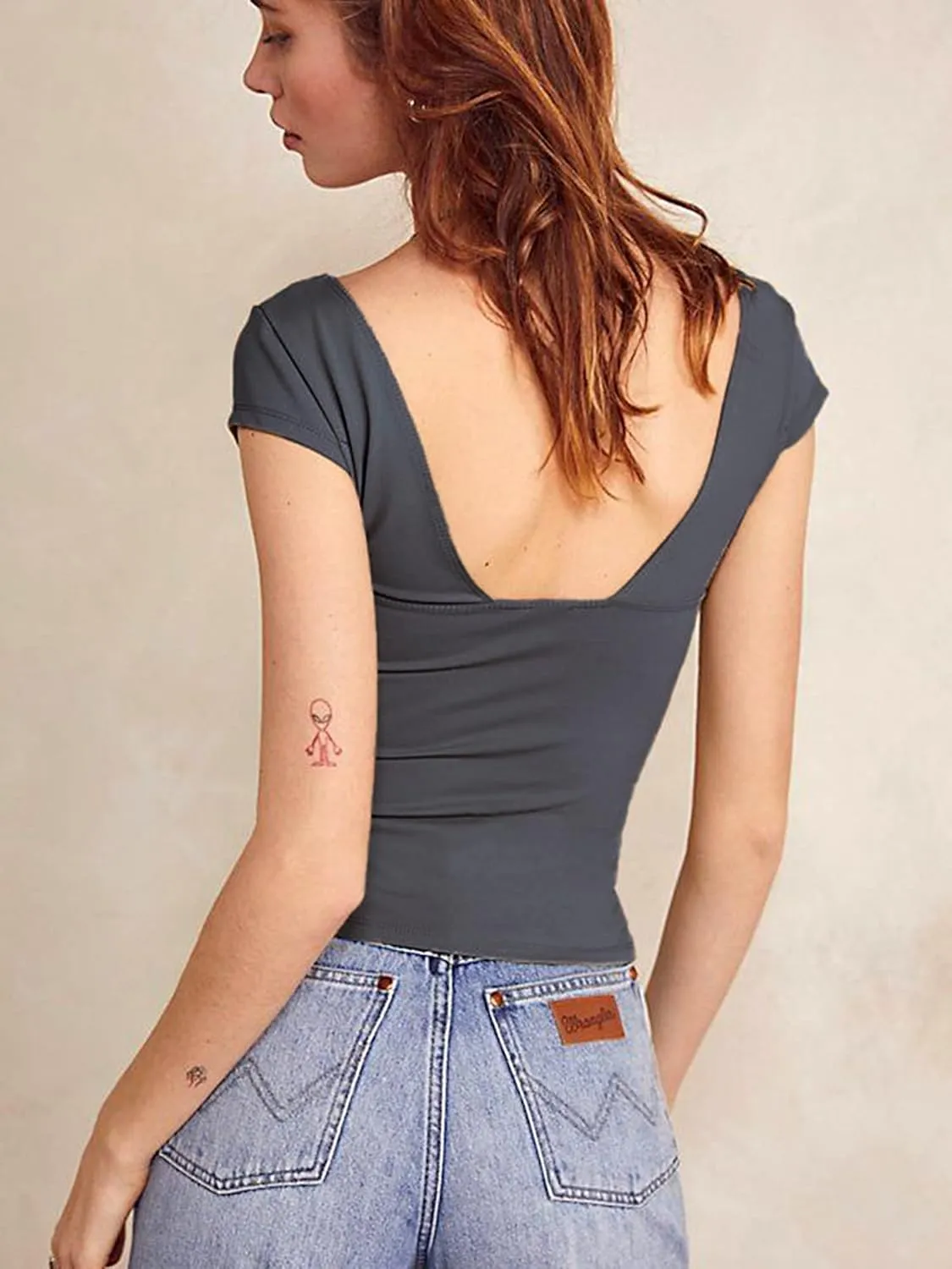 ForeFair Women Sexy Deep V Neck Backless Tank Top Slim Fit Summer Casual Y2k Crop Short Sleeve Top