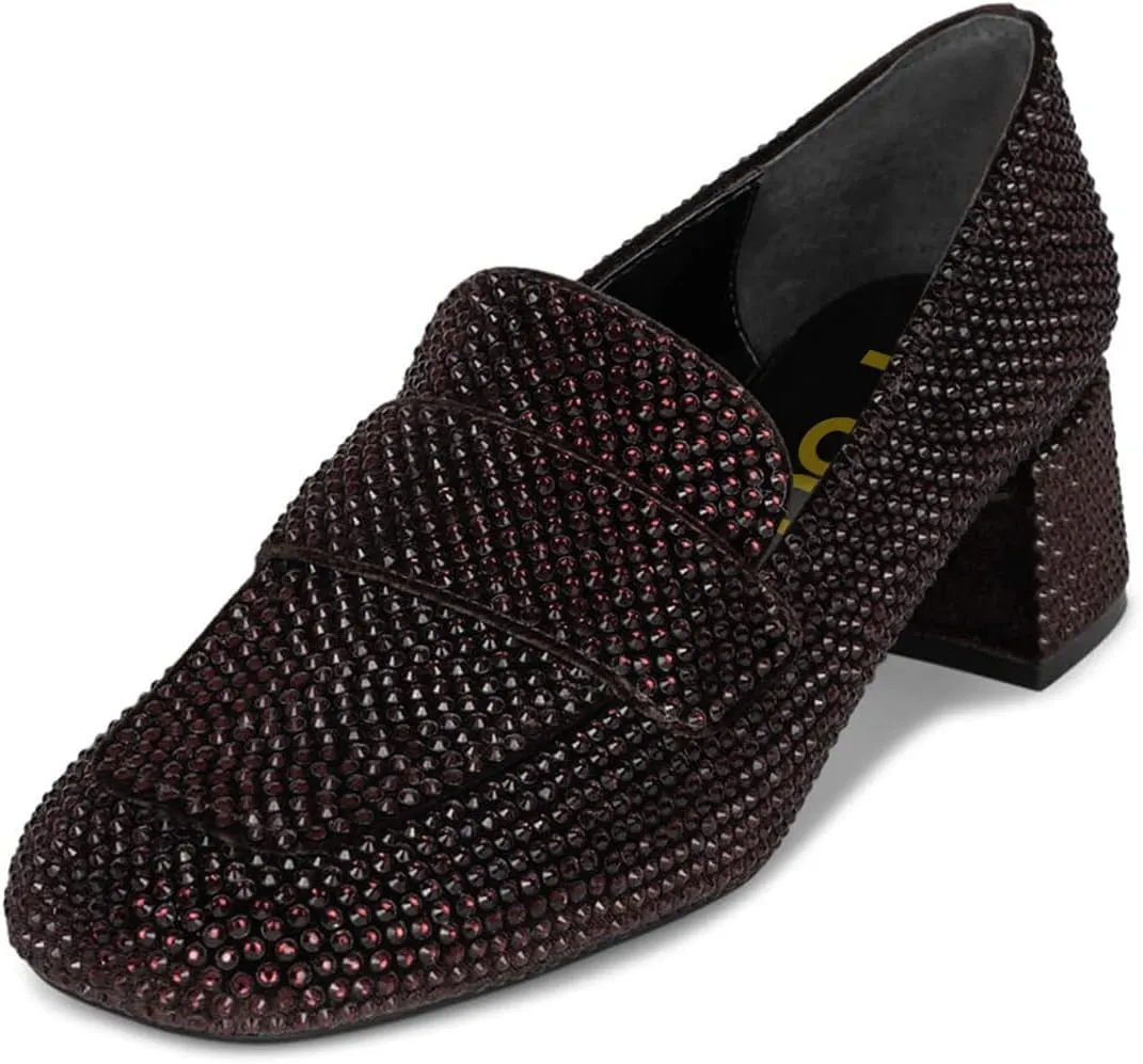 FSJ Women Classic Chunky Block Heel Pumps Round Closed Toe Rhinestone Loafers Slip On Mid Heel Ladies Girls Formal Business Wedding Shoes Size 4-15 US