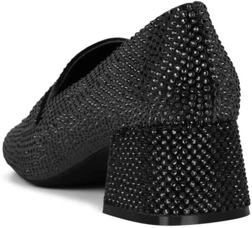 FSJ Women Classic Chunky Block Heel Pumps Round Closed Toe Rhinestone Loafers Slip On Mid Heel Ladies Girls Formal Business Wedding Shoes Size 4-15 US