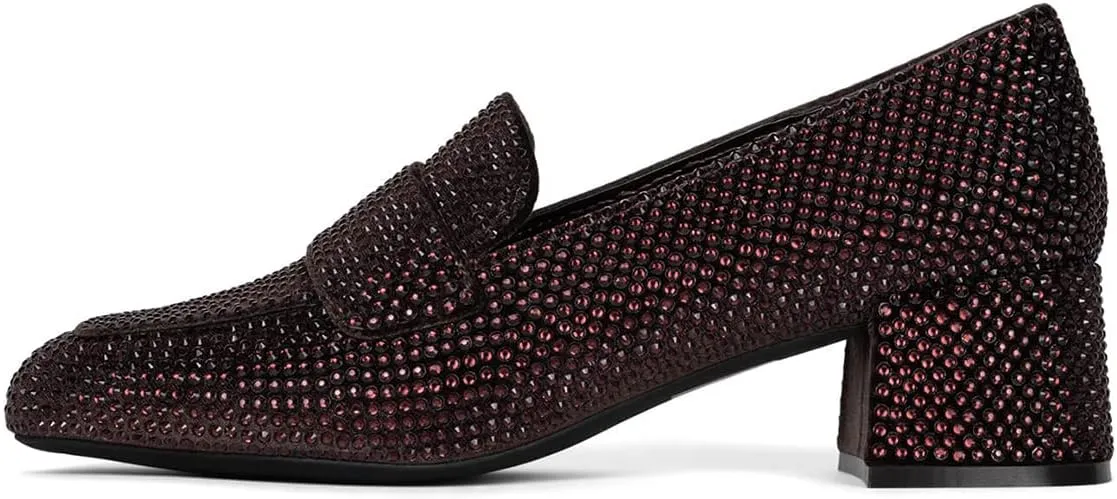 FSJ Women Classic Chunky Block Heel Pumps Round Closed Toe Rhinestone Loafers Slip On Mid Heel Ladies Girls Formal Business Wedding Shoes Size 4-15 US