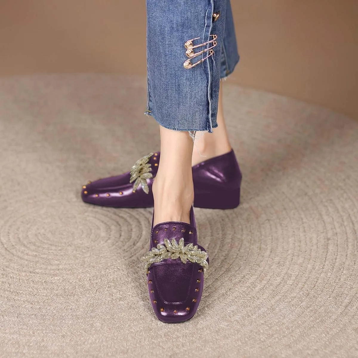 FSJ Women Dressy Shiny Crystal Decoration Loafers Square Toe Block Low Heel Slip On Studded Daily Casual Office Walking Shoes Size 4-15 US