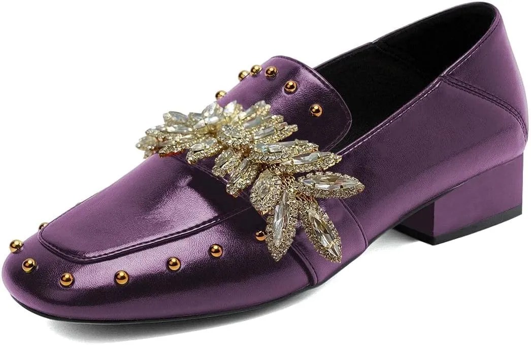 FSJ Women Dressy Shiny Crystal Decoration Loafers Square Toe Block Low Heel Slip On Studded Daily Casual Office Walking Shoes Size 4-15 US