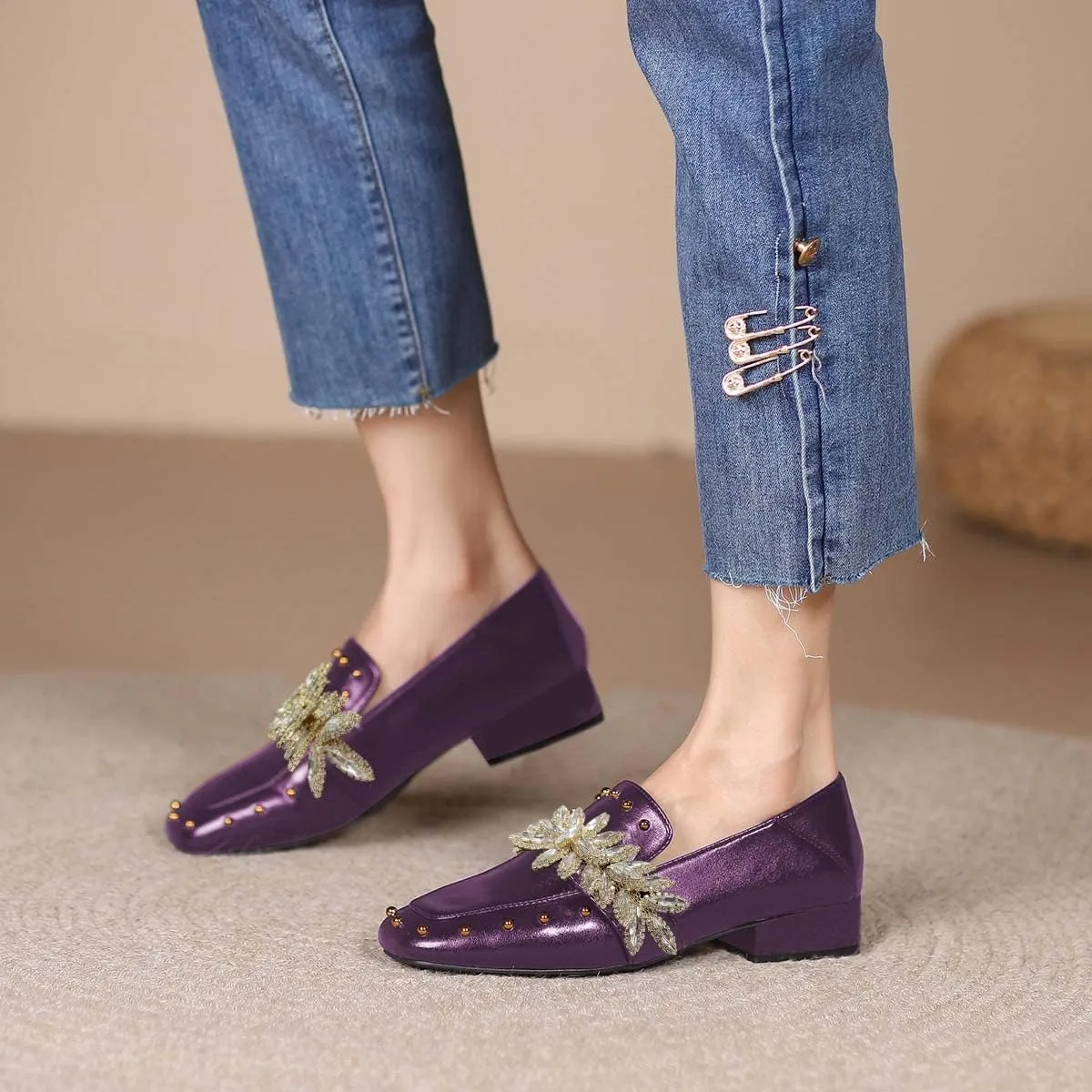FSJ Women Dressy Shiny Crystal Decoration Loafers Square Toe Block Low Heel Slip On Studded Daily Casual Office Walking Shoes Size 4-15 US