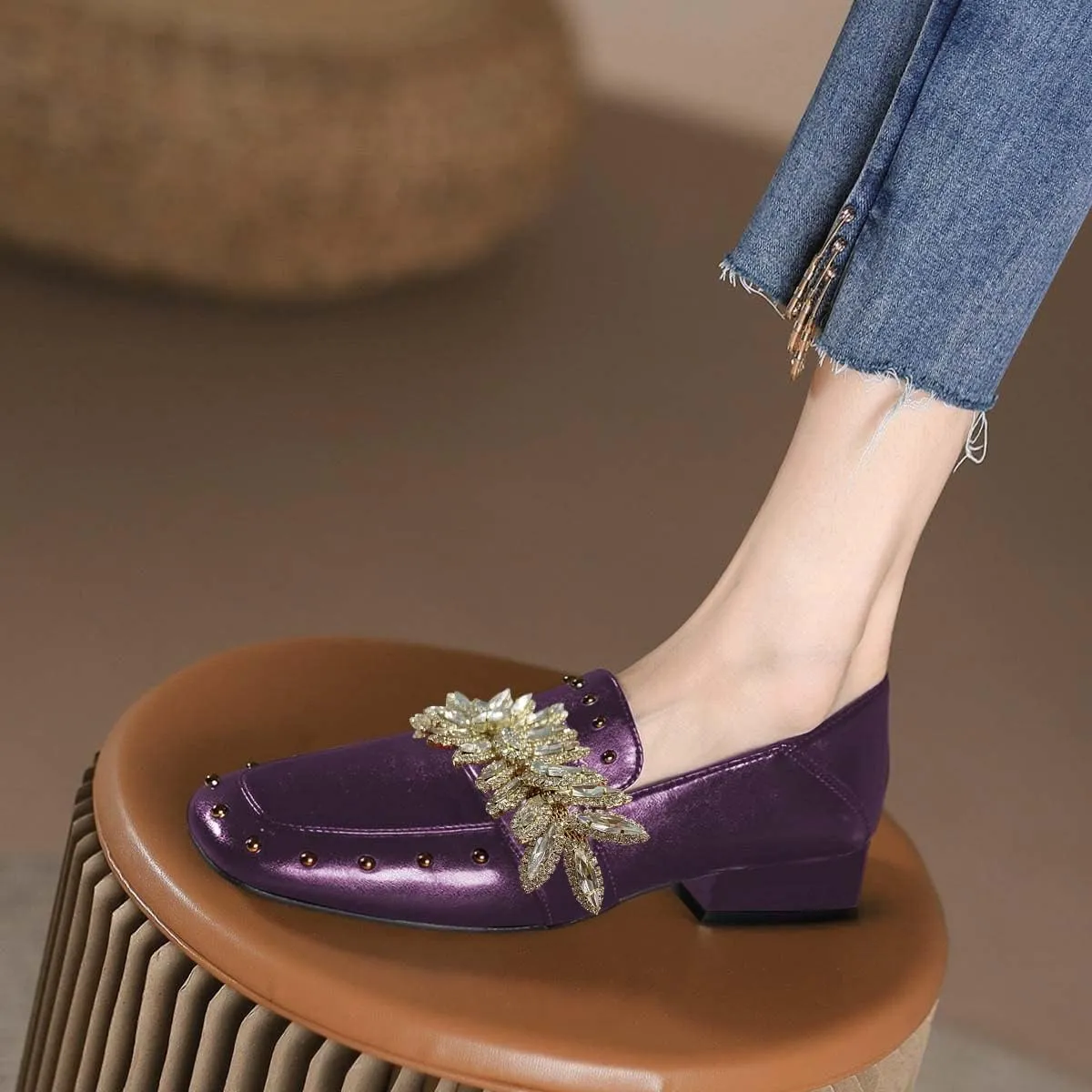 FSJ Women Dressy Shiny Crystal Decoration Loafers Square Toe Block Low Heel Slip On Studded Daily Casual Office Walking Shoes Size 4-15 US