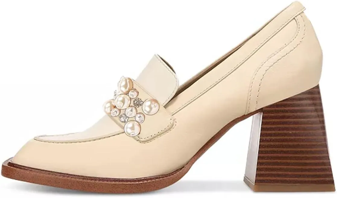 FSJ Women Glossy Square Toe Pearls Loafers Block High Heel Slip On Casual Walking Daily Office Pump Shoes Size 4-15 US