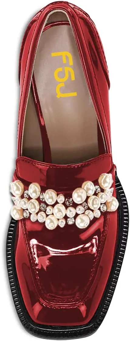 FSJ Women Glossy Square Toe Pearls Loafers Block High Heel Slip On Casual Walking Daily Office Pump Shoes Size 4-15 US