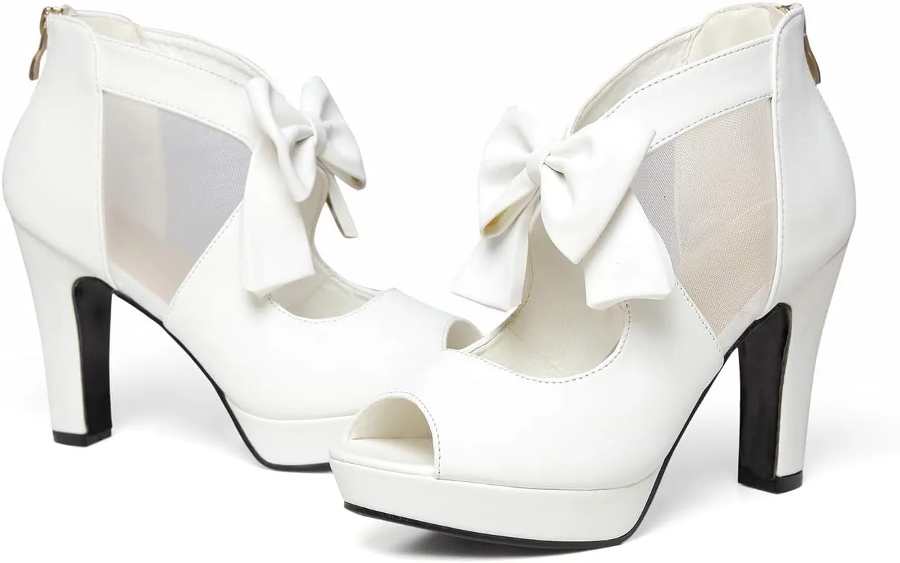 GATUXUS Open Toe Women Platform High Heel Shoes Bows Strappy Sandals