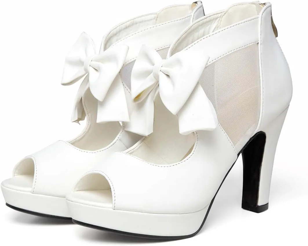 GATUXUS Open Toe Women Platform High Heel Shoes Bows Strappy Sandals
