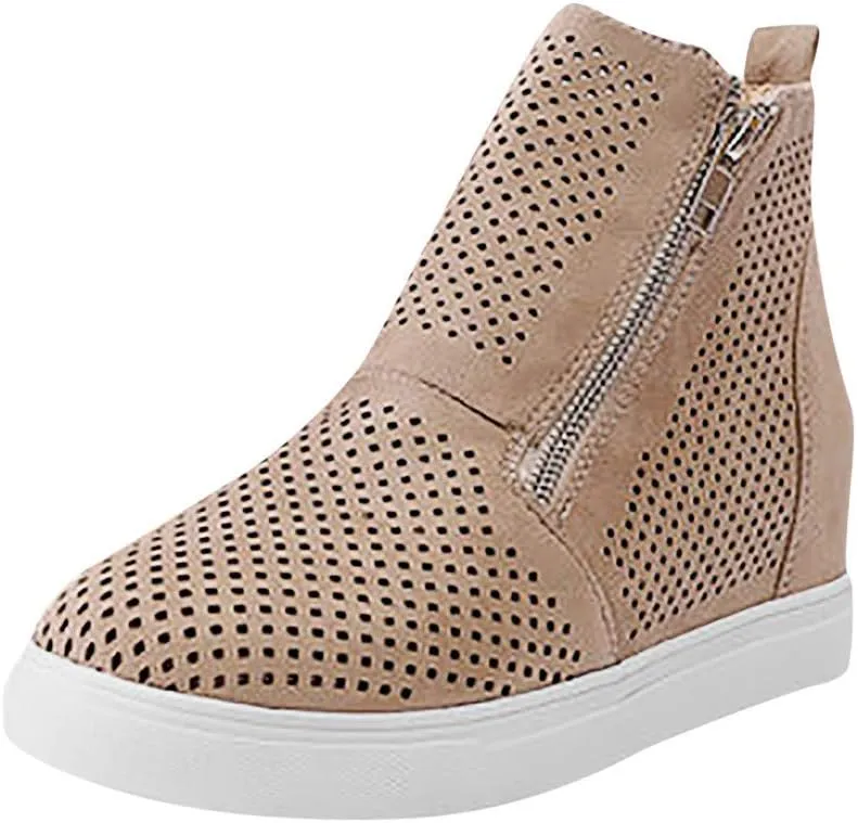 Gibobby Sneakers for Women Wide Width,Casual Slip On Lazy Shoes Breathable Hollow-Out Flat Loafers Wedge Shoes