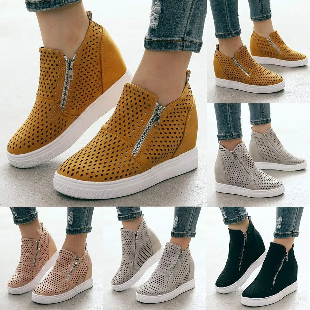 Gibobby Sneakers for Women Wide Width,Casual Slip On Lazy Shoes Breathable Hollow-Out Flat Loafers Wedge Shoes