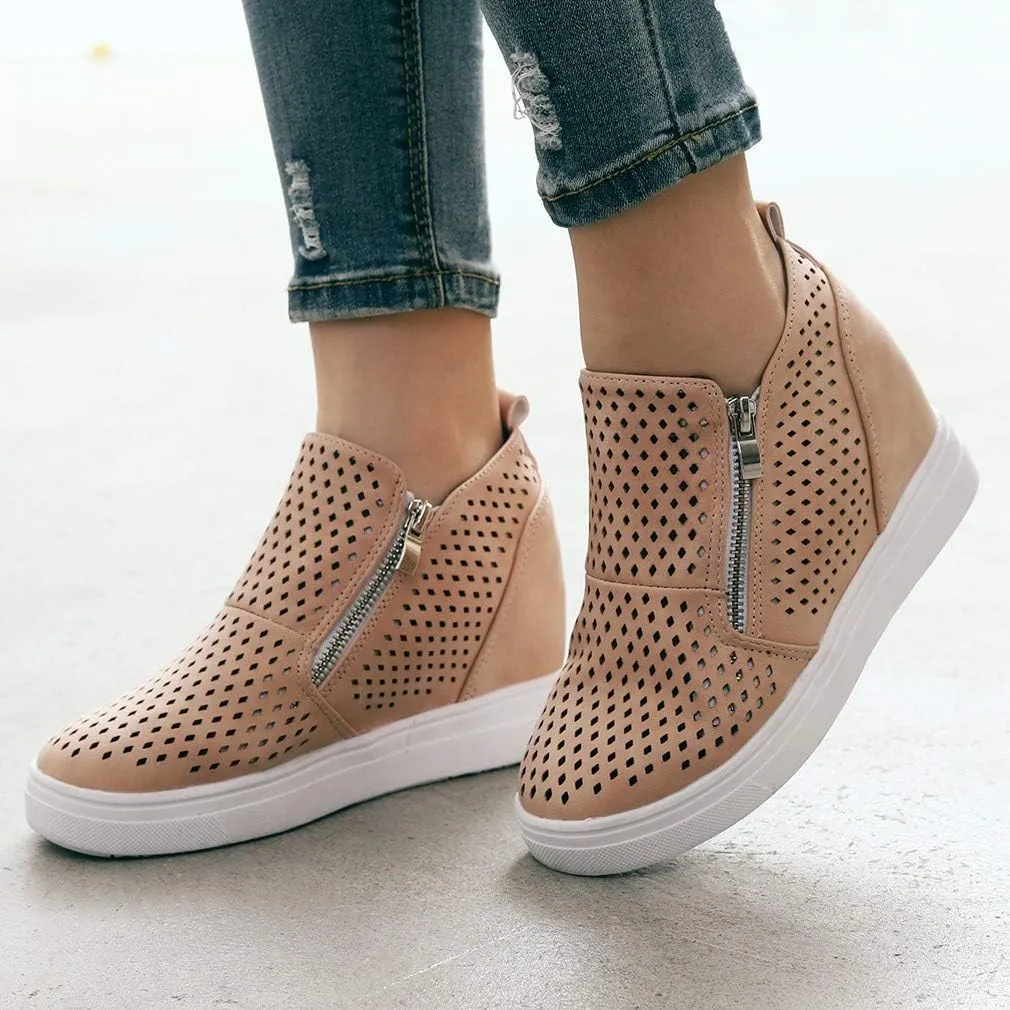 Gibobby Sneakers for Women Wide Width,Casual Slip On Lazy Shoes Breathable Hollow-Out Flat Loafers Wedge Shoes