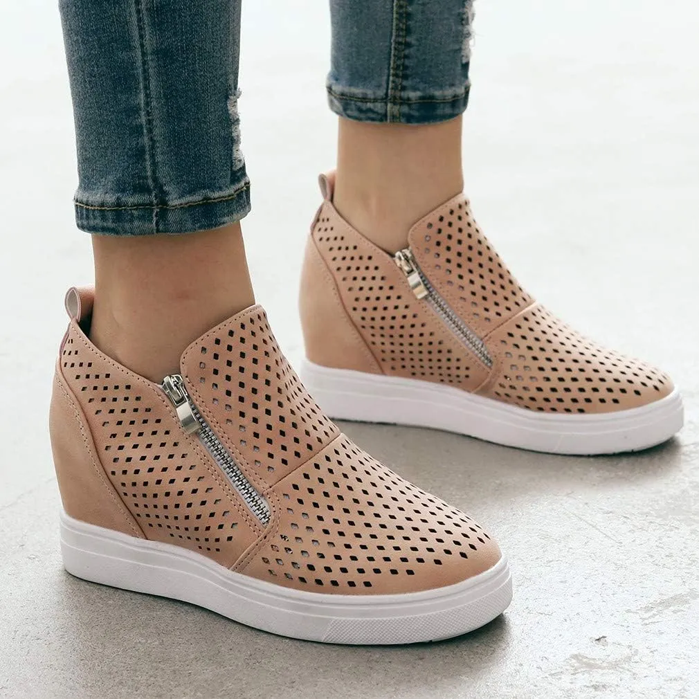 Gibobby Sneakers for Women Wide Width,Casual Slip On Lazy Shoes Breathable Hollow-Out Flat Loafers Wedge Shoes