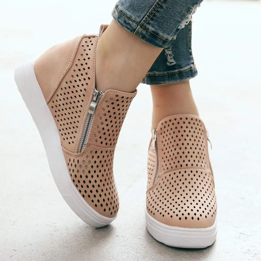 Gibobby Sneakers for Women Wide Width,Casual Slip On Lazy Shoes Breathable Hollow-Out Flat Loafers Wedge Shoes