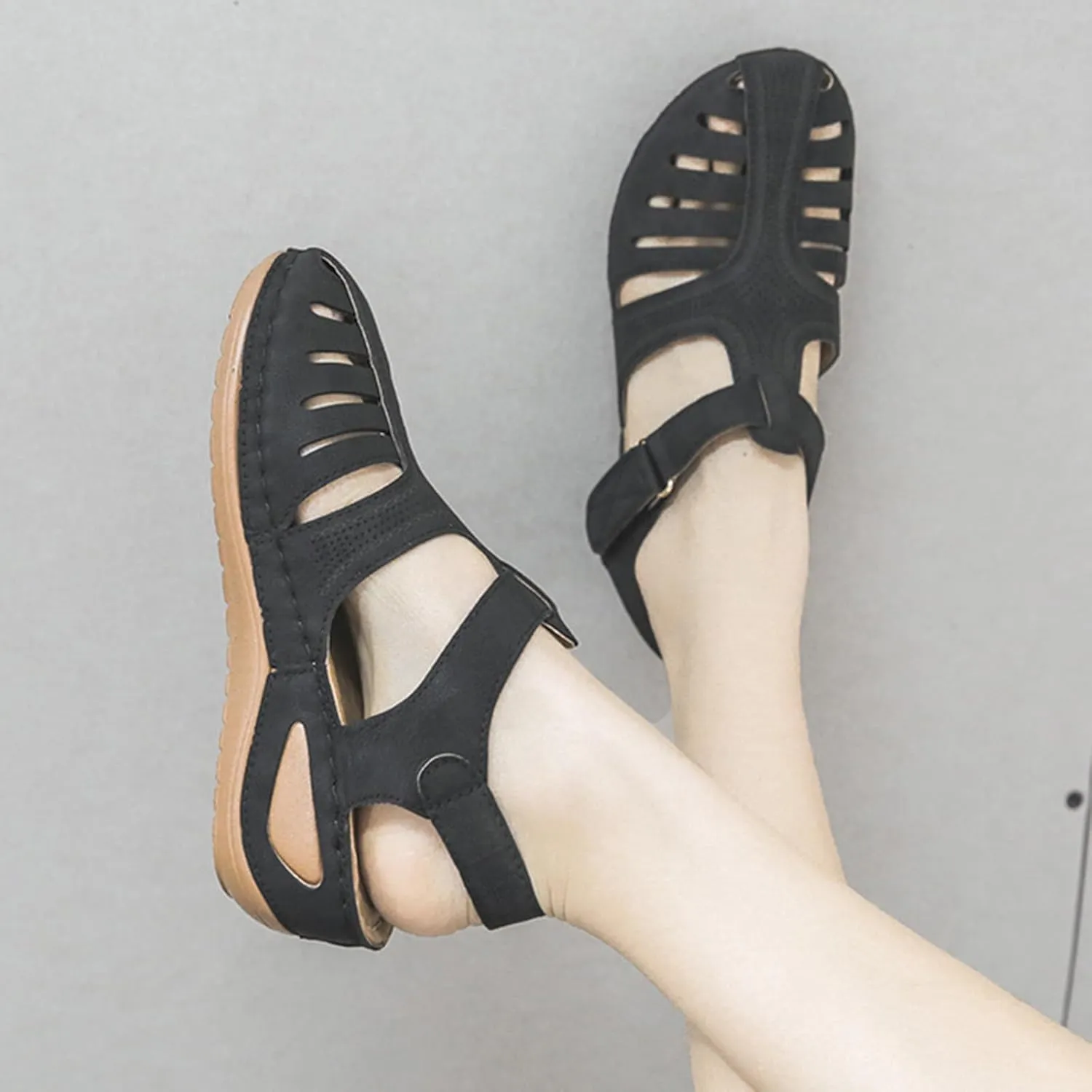 Gladiator Sandals for Women Orthopedic Closed Toe Non Slip Wedge Sandals Breathable Hollow Out Hook and Loop Fastener Slides Sandal Soft Cushion Wedge Walking Shoes