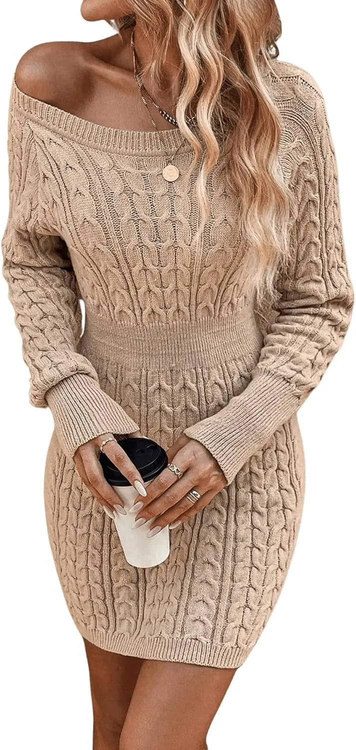 GORGLITTER Women's Cable Knit Sweater Dress Long Sleeve Knit Winter Dresses Crewneck Mini Pencil Dresses