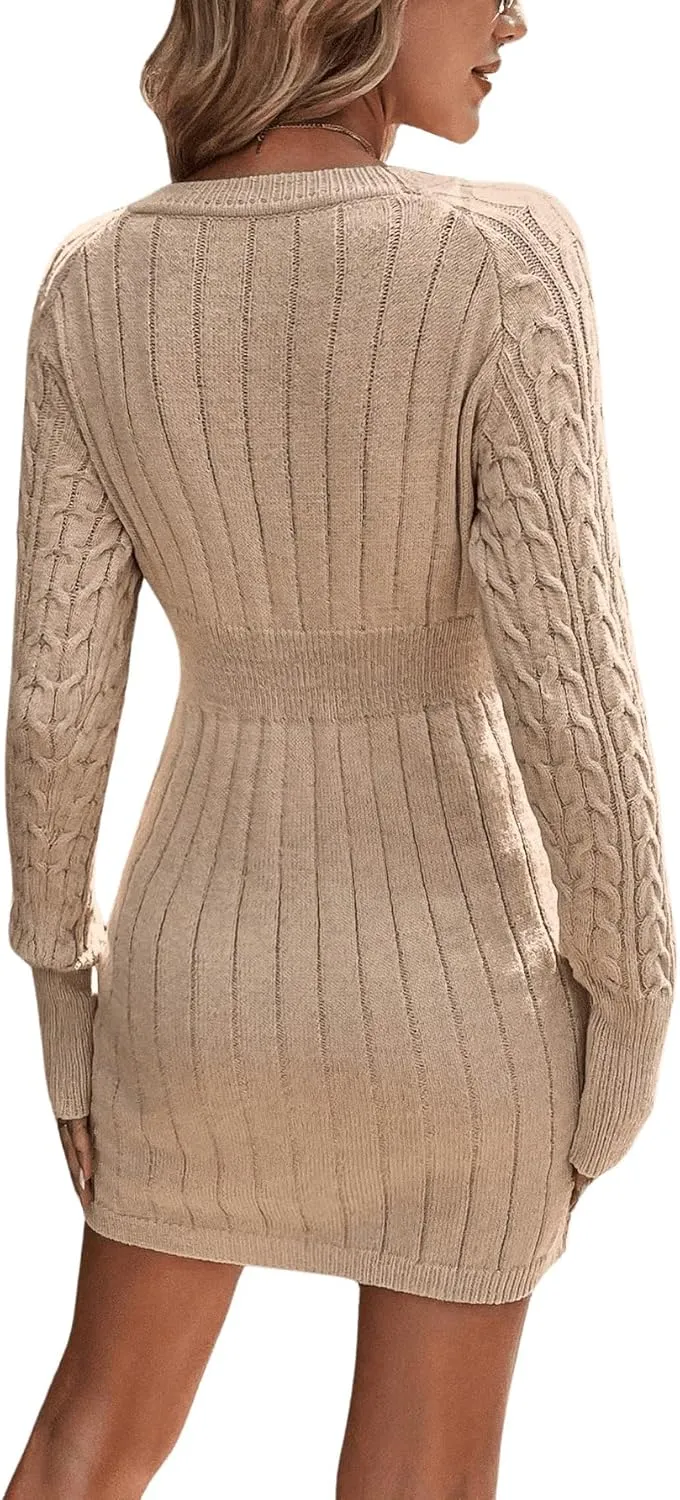 GORGLITTER Women's Cable Knit Sweater Dress Long Sleeve Knit Winter Dresses Crewneck Mini Pencil Dresses